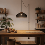 Artisan Braided Rattan Swag Pendant Light with Natural Wood Accents