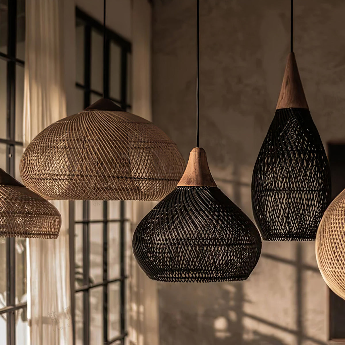 Artisan Braided Rattan Swag Pendant Light with Natural Wood Accents