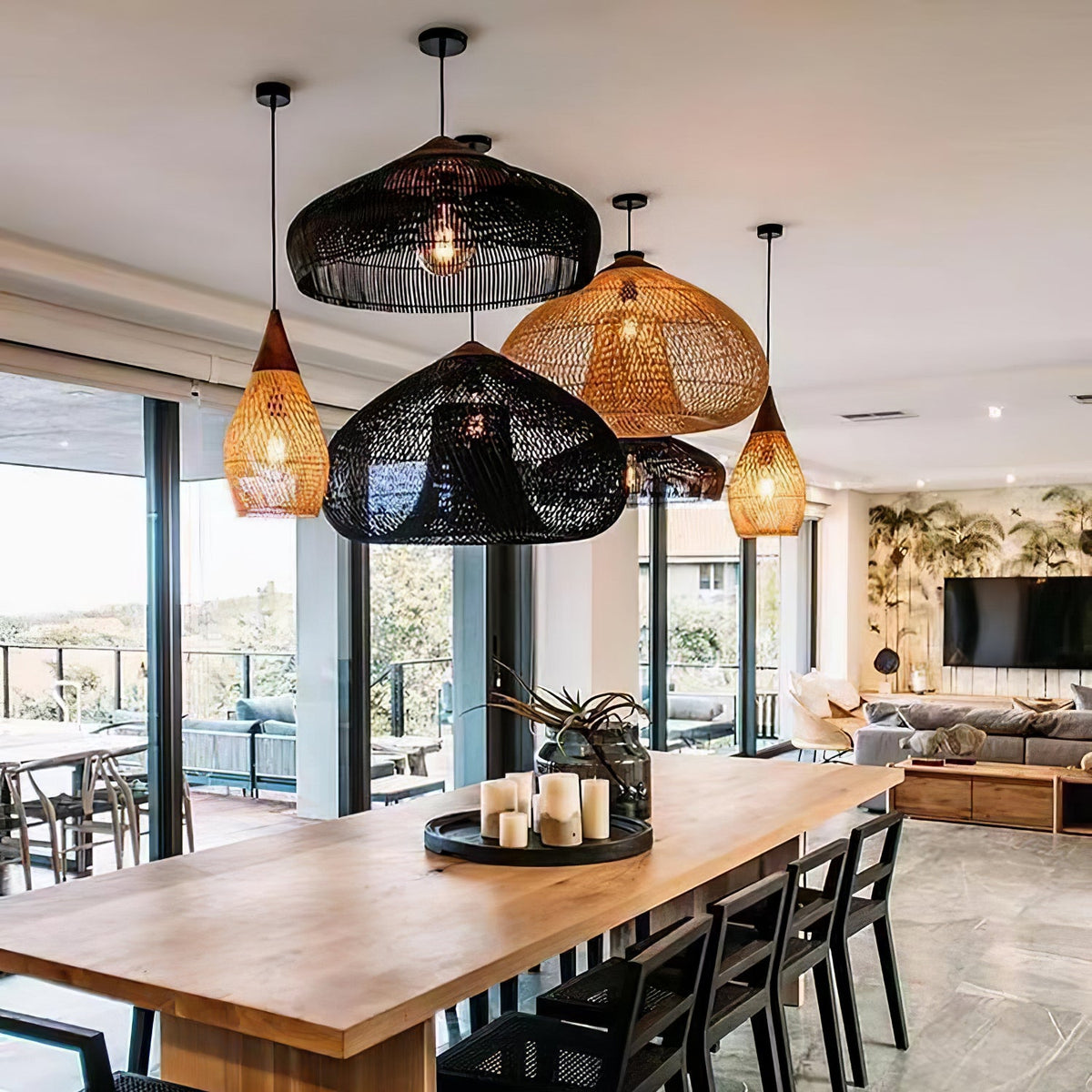 Artisan Braided Rattan Swag Pendant Light with Natural Wood Accents