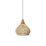 Artisan Braided Rattan Swag Pendant Light with Natural Wood Accents