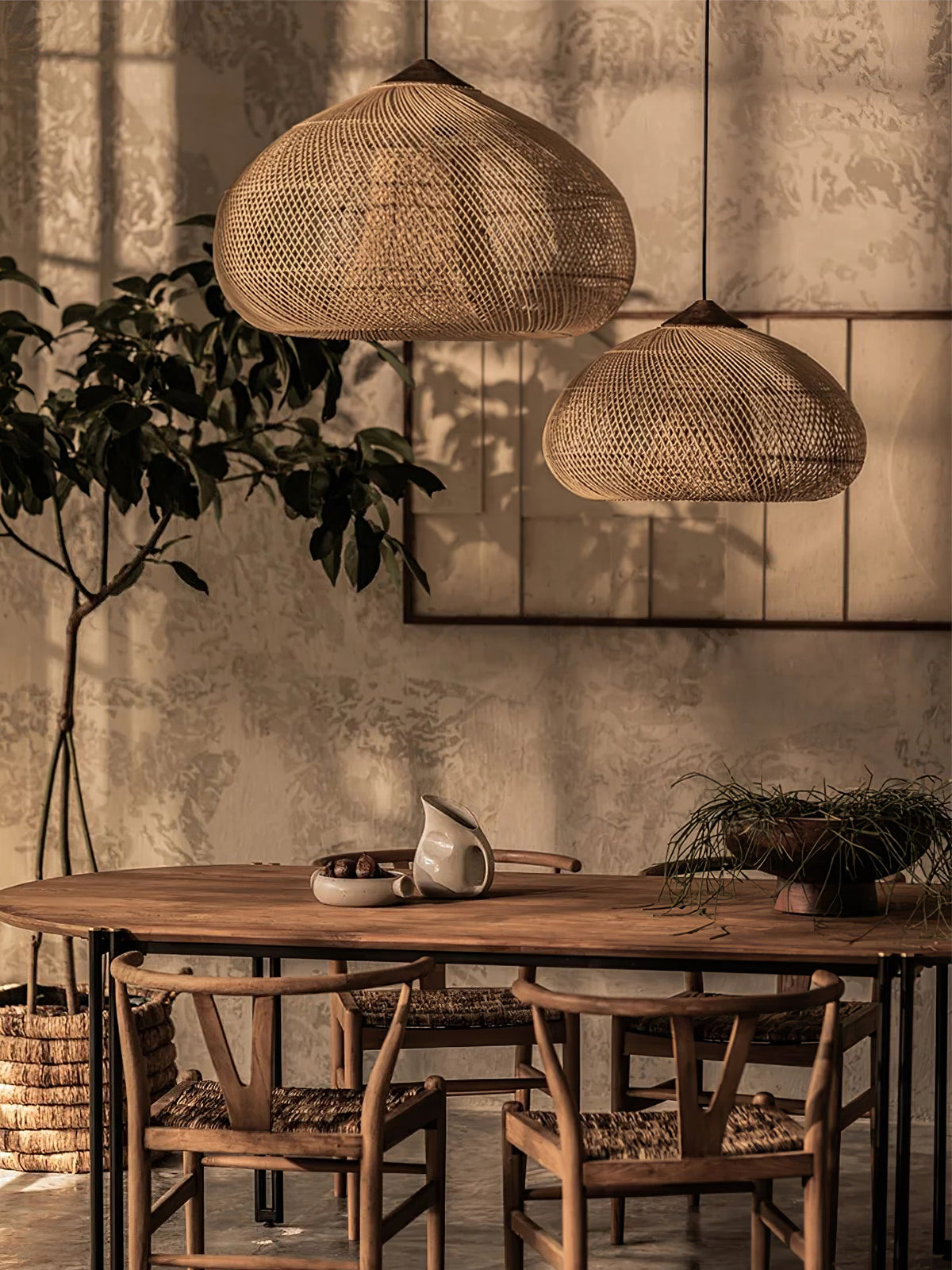 Artisan Braided Rattan Swag Pendant Light with Natural Wood Accents