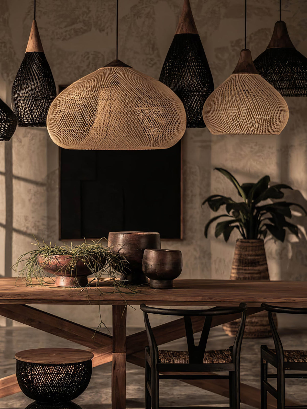 Artisan Braided Rattan Swag Pendant Light with Natural Wood Accents