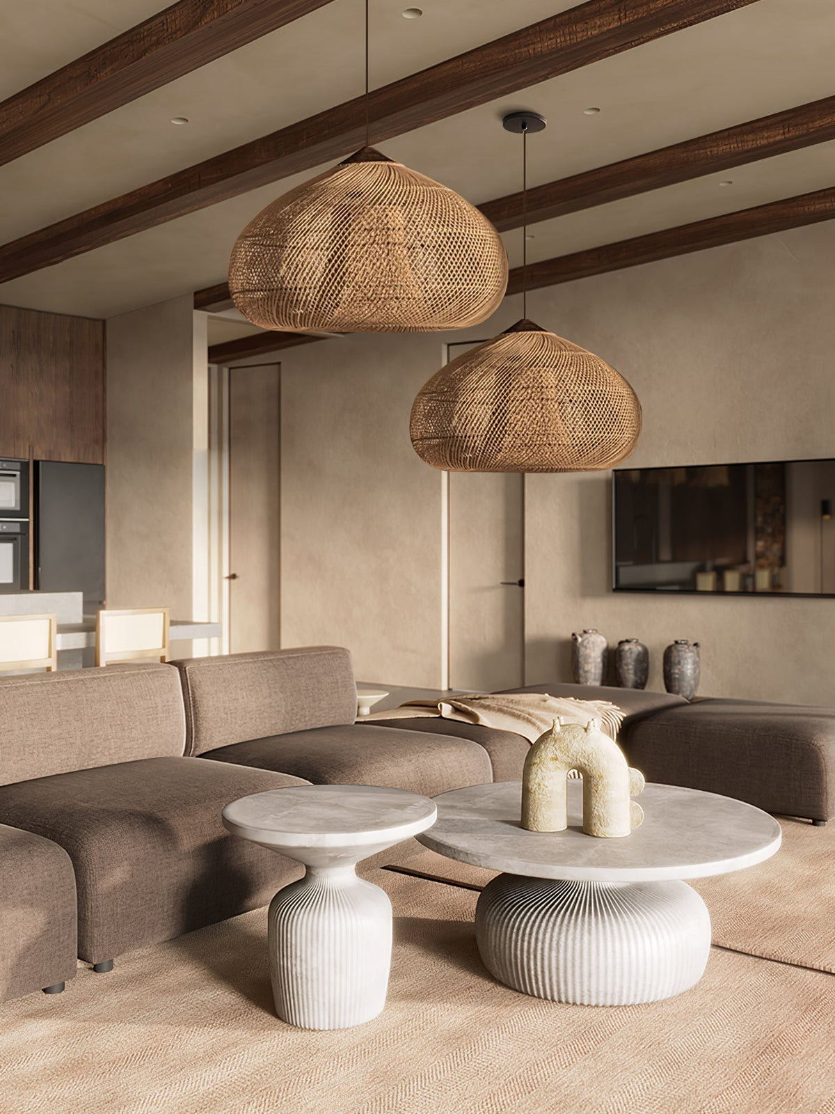 Artisan Braided Rattan Swag Pendant Light with Natural Wood Accents