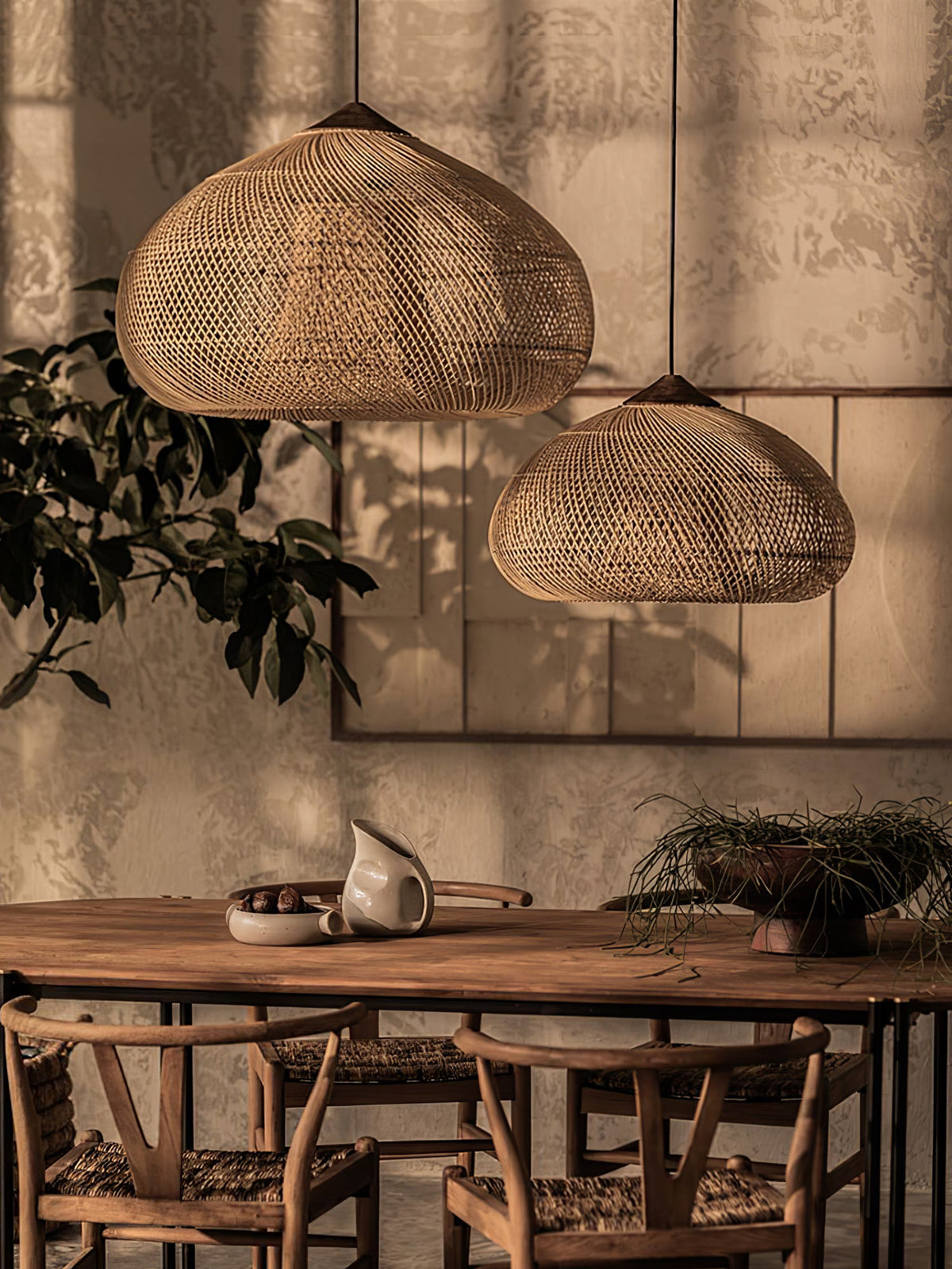 Artisan Braided Rattan Swag Pendant Light with Natural Wood Accents