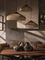 Artisan Braided Rattan Swag Pendant Light with Natural Wood Accents