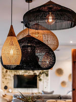 Artisan Braided Rattan Swag Pendant Light with Natural Wood Accents