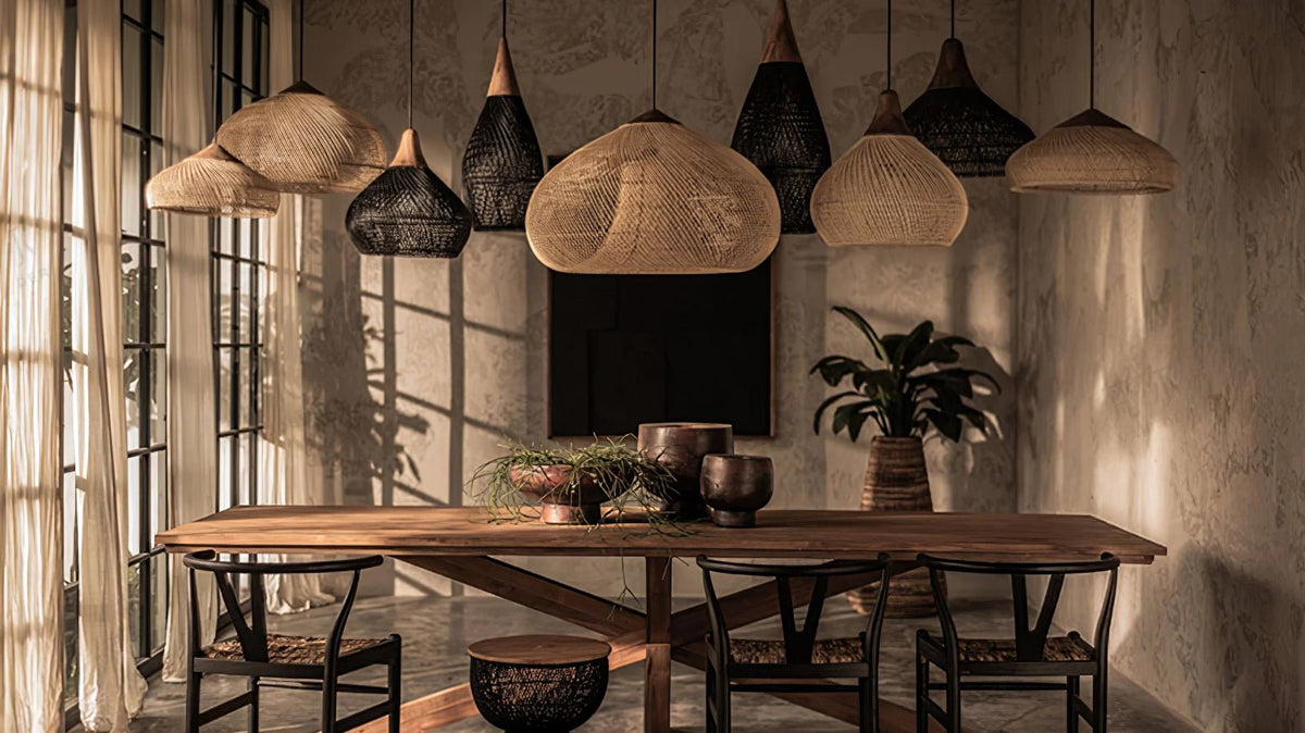Artisan Braided Rattan Swag Pendant Light with Natural Wood Accents