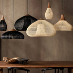 Artisan Braided Rattan Swag Pendant Light with Natural Wood Accents