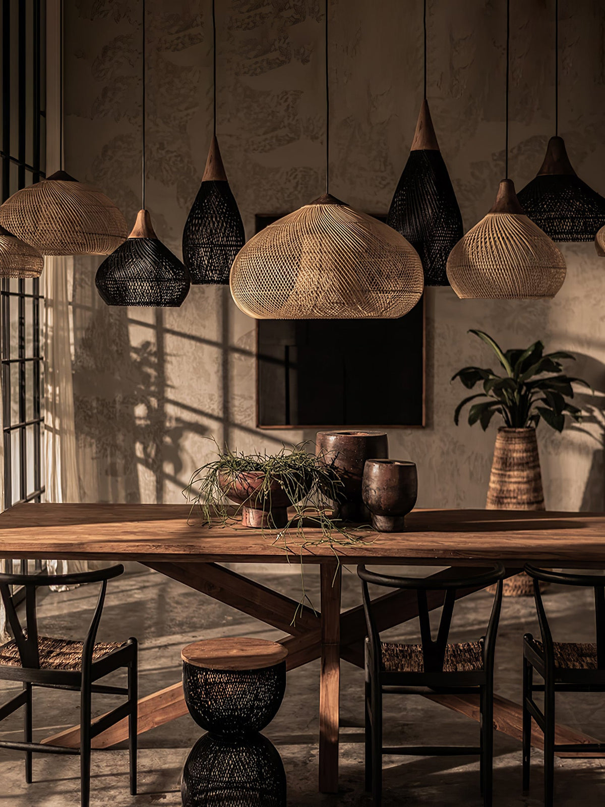 Artisan Braided Rattan Swag Pendant Light with Natural Wood Accents