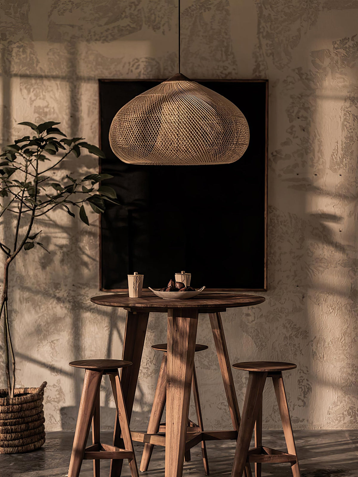 Artisan Braided Rattan Swag Pendant Light with Natural Wood Accents