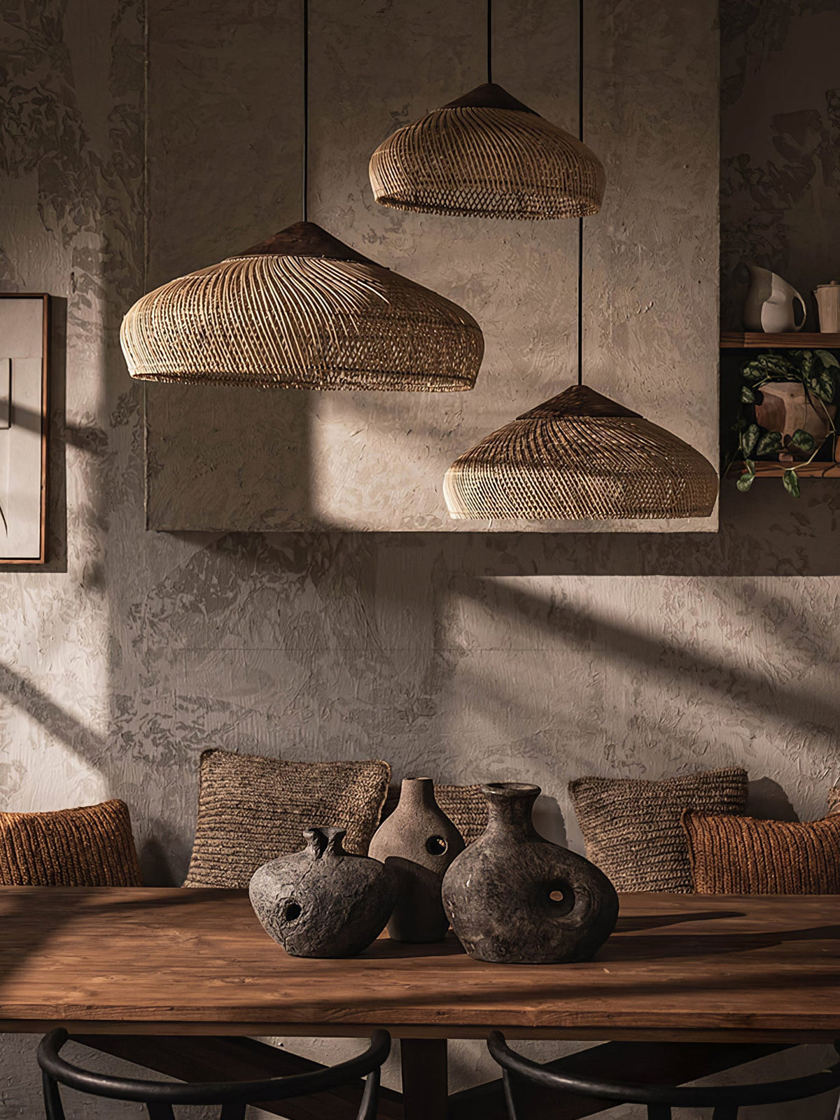 Artisan Braided Rattan Swag Pendant Light with Natural Wood Accents