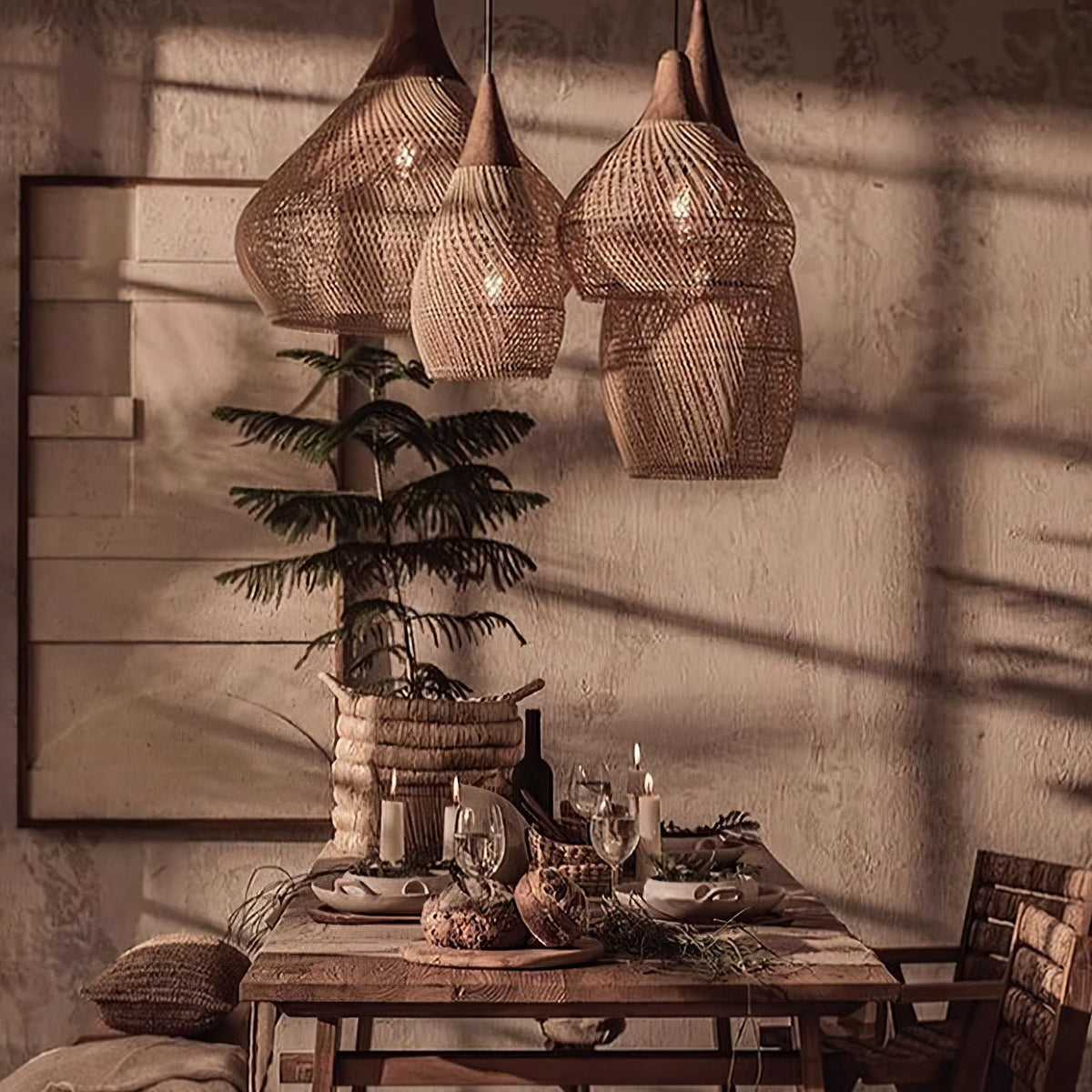 Artisan Braided Rattan Swag Pendant Light with Natural Wood Accents