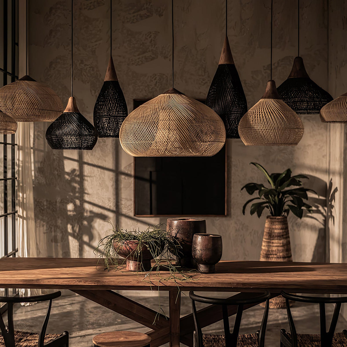 Artisan Braided Rattan Swag Pendant Light with Natural Wood Accents