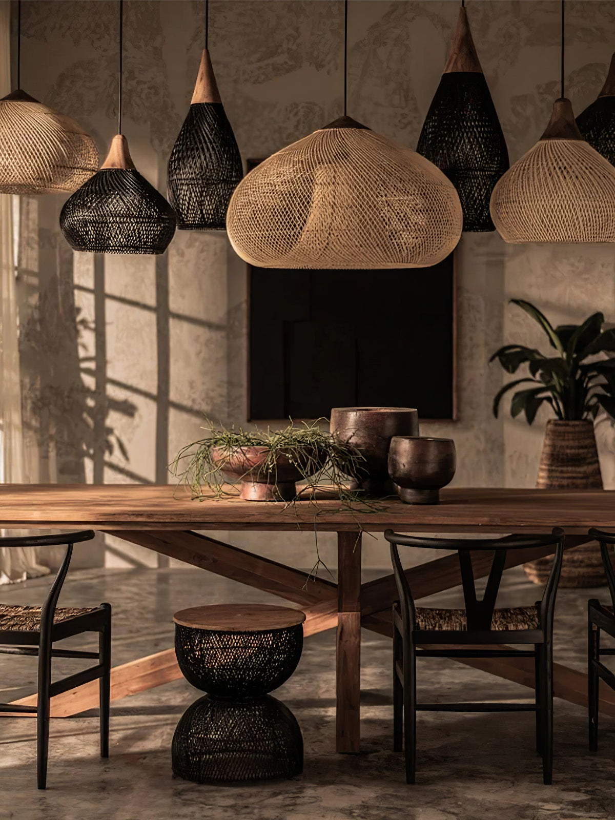 Artisan Braided Rattan Swag Pendant Light with Natural Wood Accents