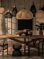 Artisan Braided Rattan Swag Pendant Light with Natural Wood Accents
