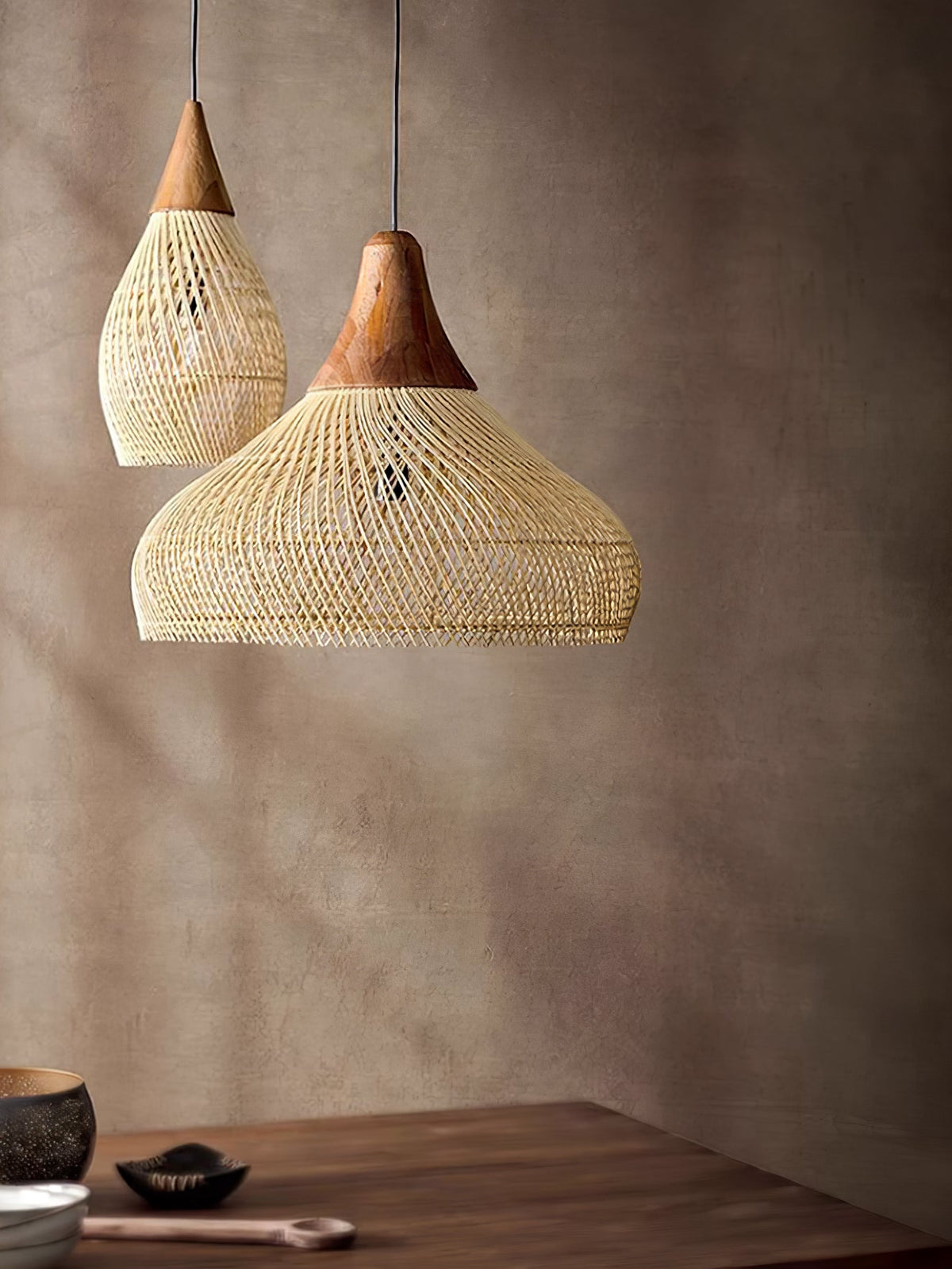 Artisan Braided Rattan Swag Pendant Light with Natural Wood Accents