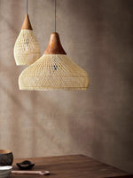 Artisan Braided Rattan Swag Pendant Light with Natural Wood Accents