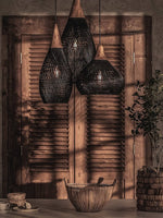 Artisan Braided Rattan Swag Pendant Light with Natural Wood Accents