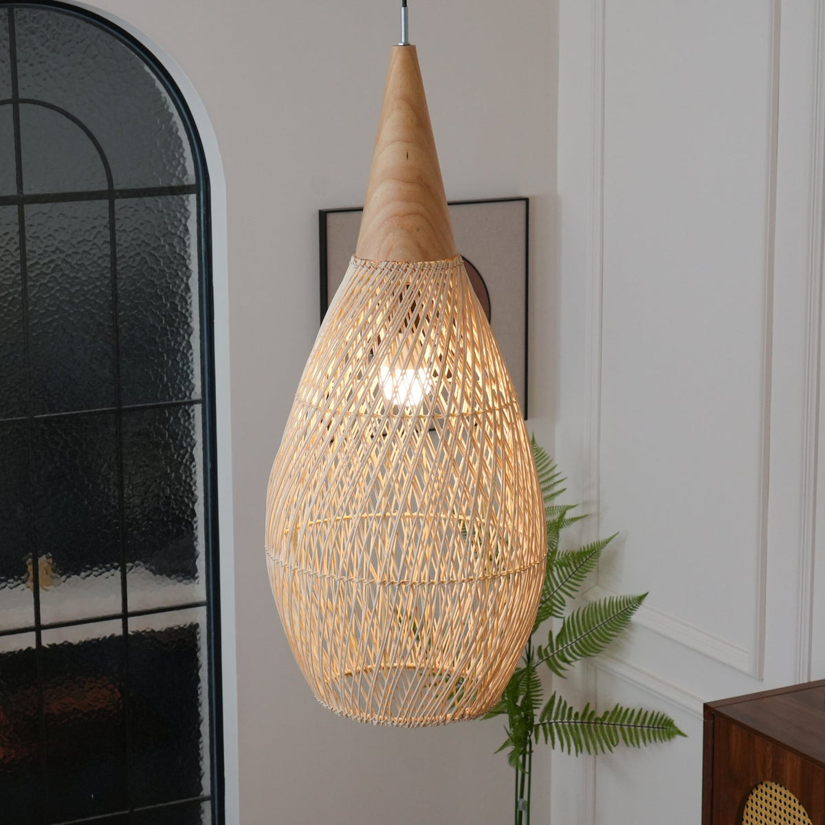 Artisan Braided Rattan Swag Pendant Light with Natural Wood Accents
