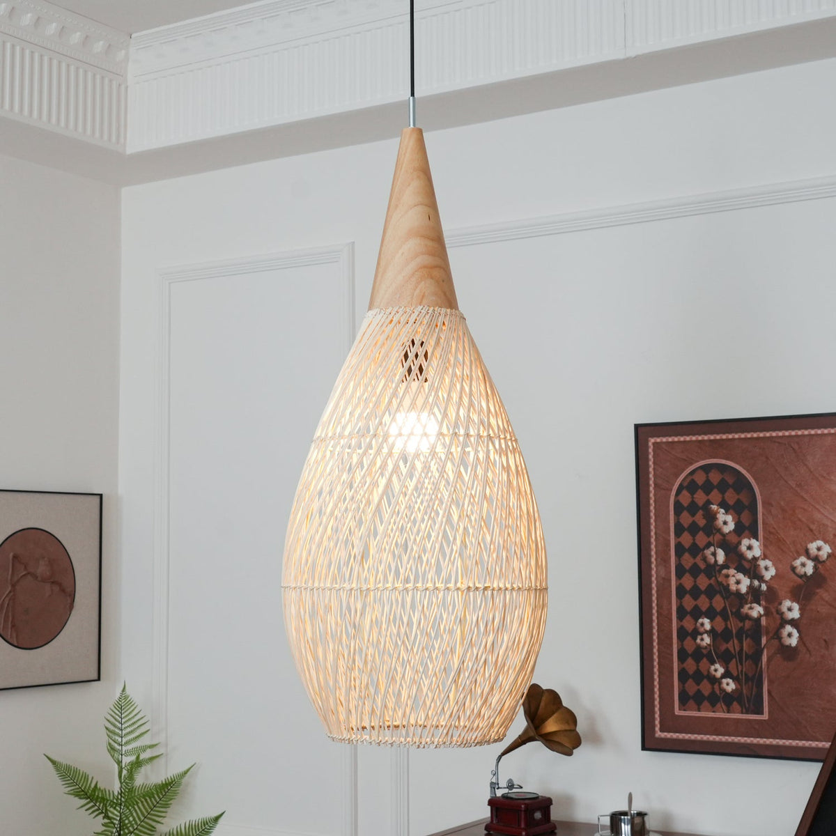 Artisan Braided Rattan Swag Pendant Light with Natural Wood Accents