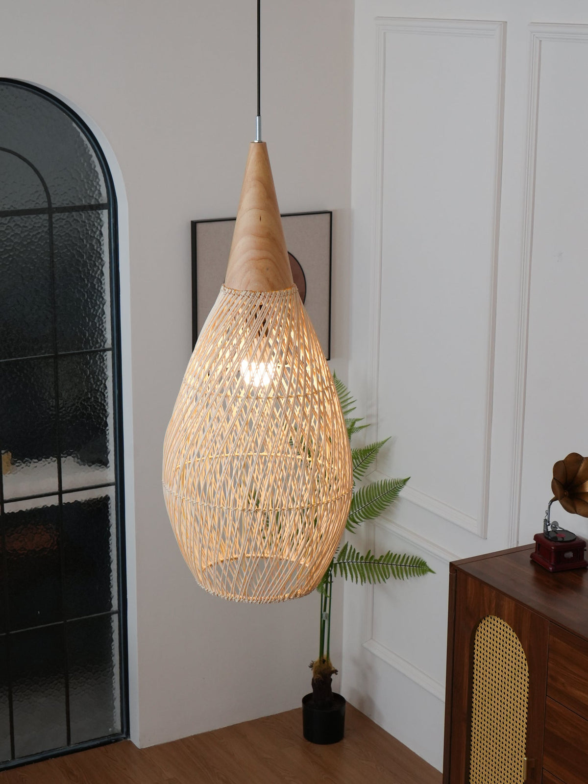 Artisan Braided Rattan Swag Pendant Light with Natural Wood Accents