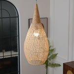 Artisan Braided Rattan Swag Pendant Light with Natural Wood Accents