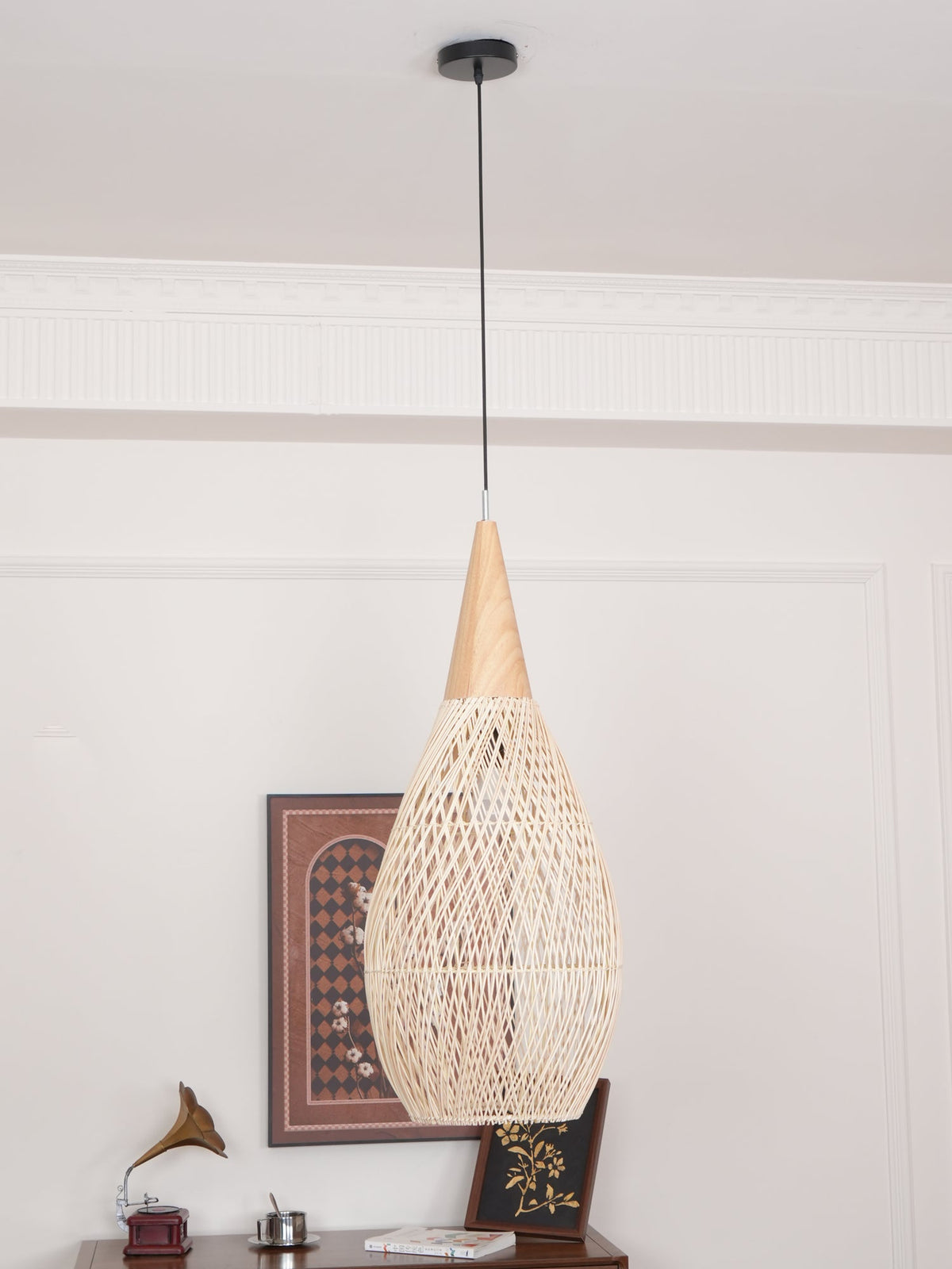Artisan Braided Rattan Swag Pendant Light with Natural Wood Accents