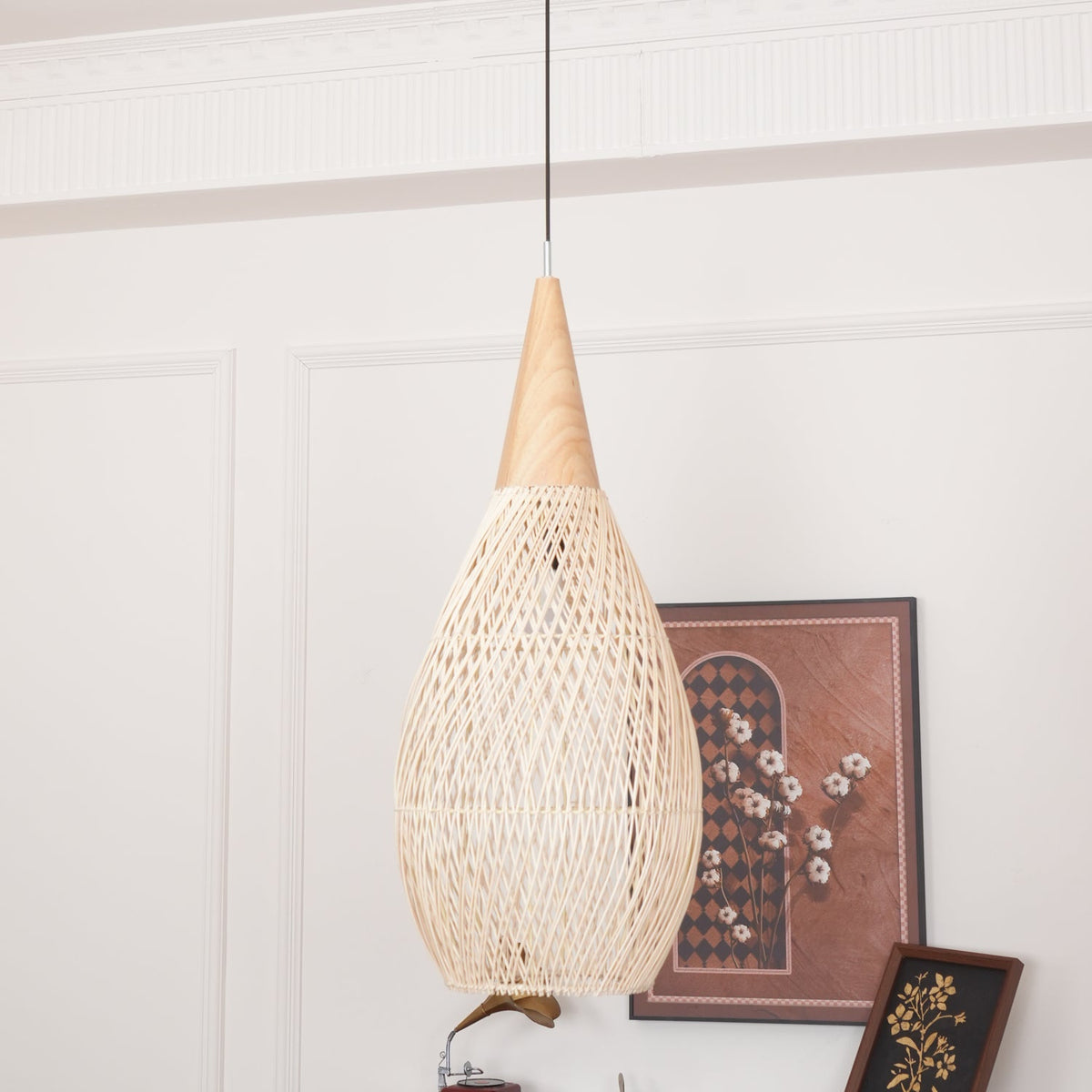 Artisan Braided Rattan Swag Pendant Light with Natural Wood Accents