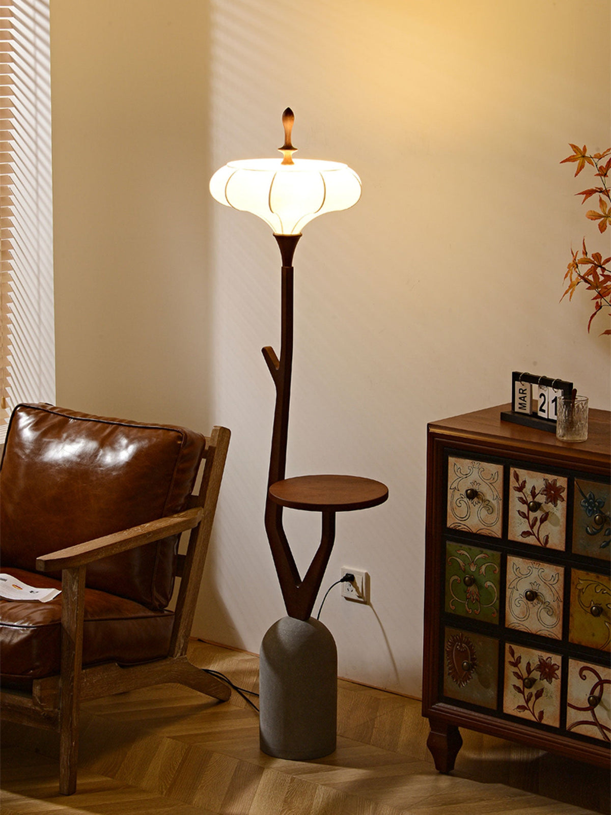 Branche Lantern Wooden Floor Lamp with Side Table for Living Room