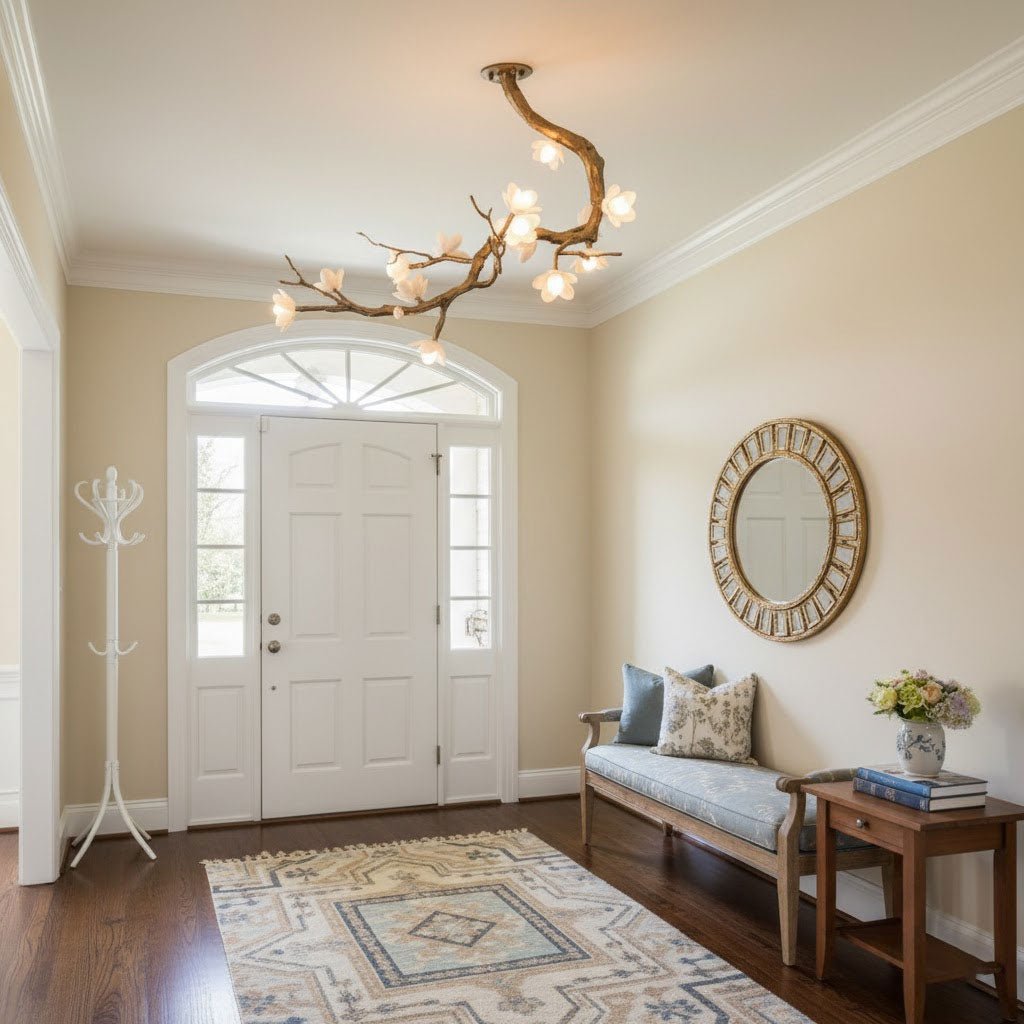 Brass Flower Branch Chandelier with Ceramic Shades for Dining Room and Living Room