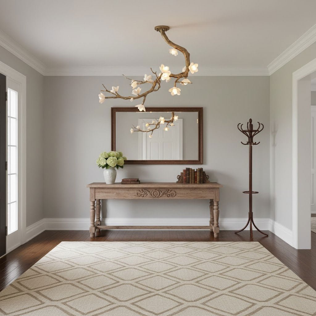 Brass Flower Branch Chandelier with Ceramic Shades for Dining Room and Living Room
