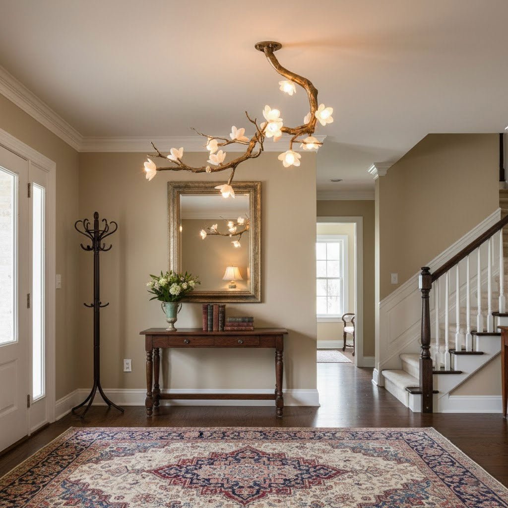 Brass Flower Branch Chandelier with Ceramic Shades for Dining Room and Living Room