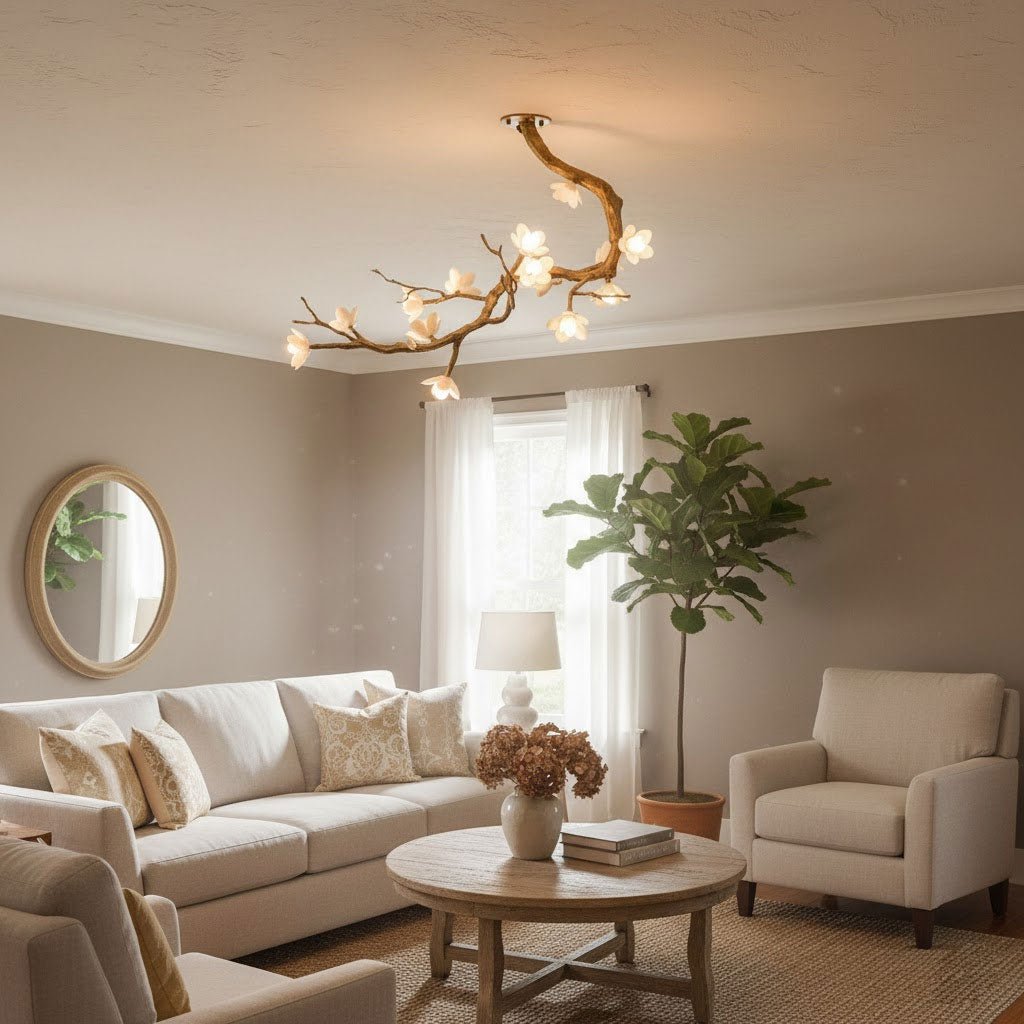 Brass Flower Branch Chandelier with Ceramic Shades for Dining Room and Living Room