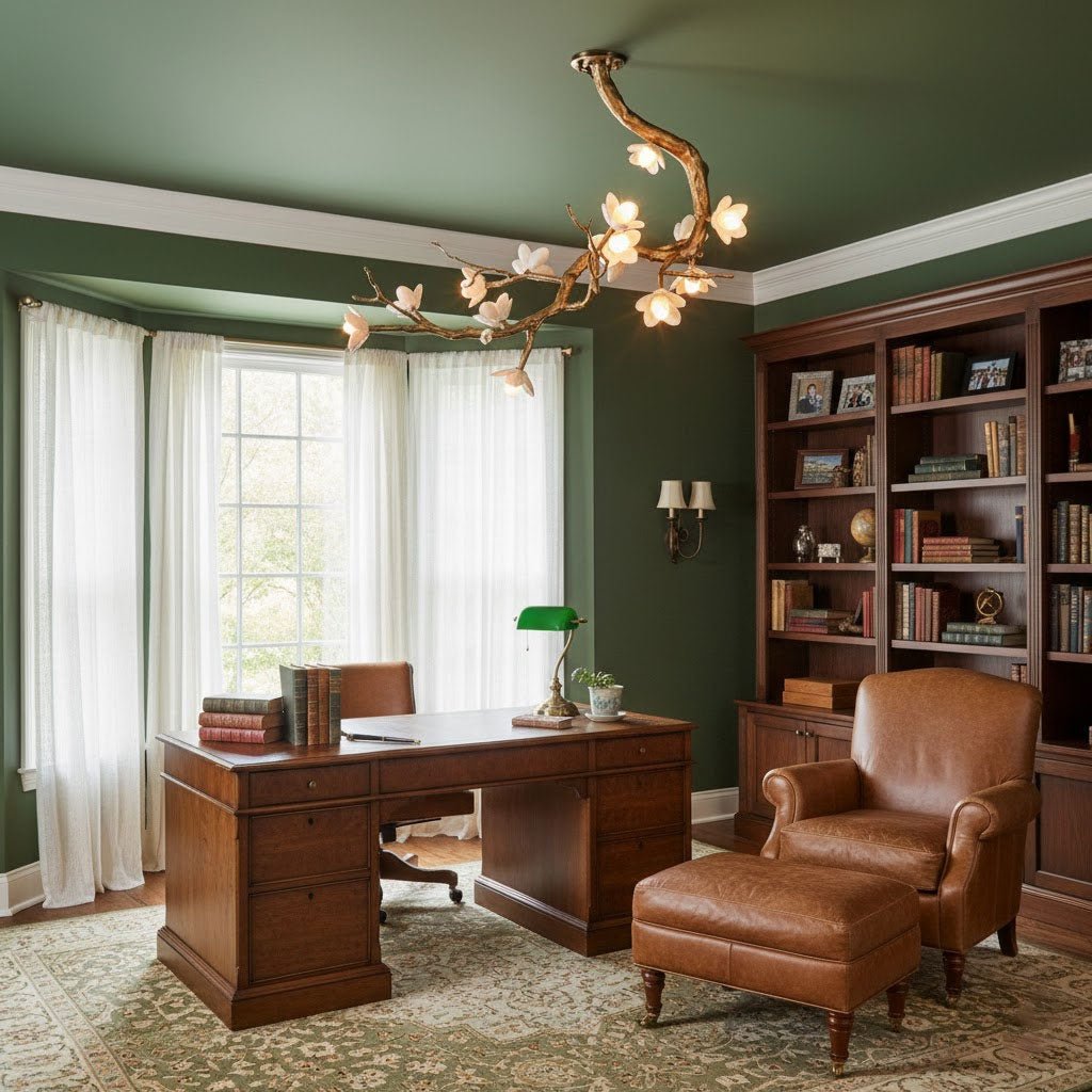 Brass Flower Branch Chandelier with Ceramic Shades for Dining Room and Living Room