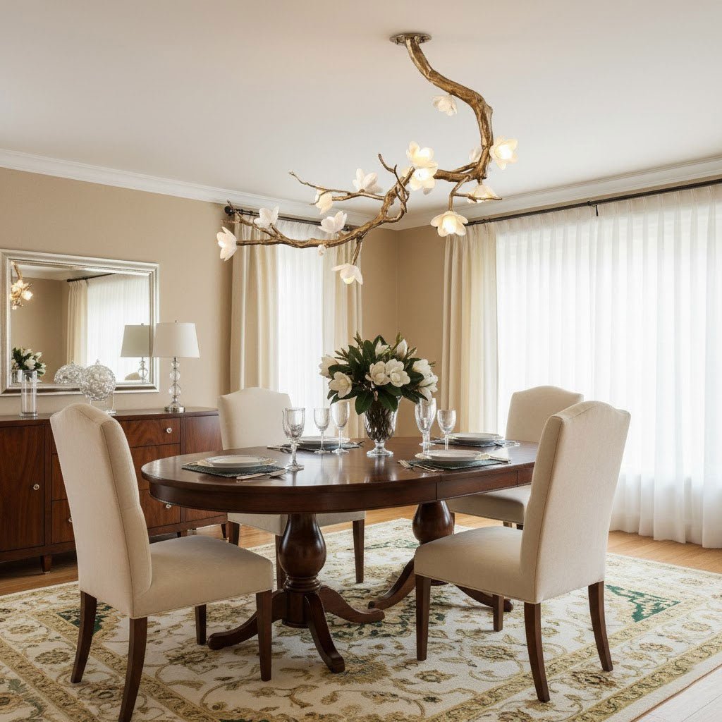 Brass Flower Branch Chandelier with Ceramic Shades for Dining Room and Living Room