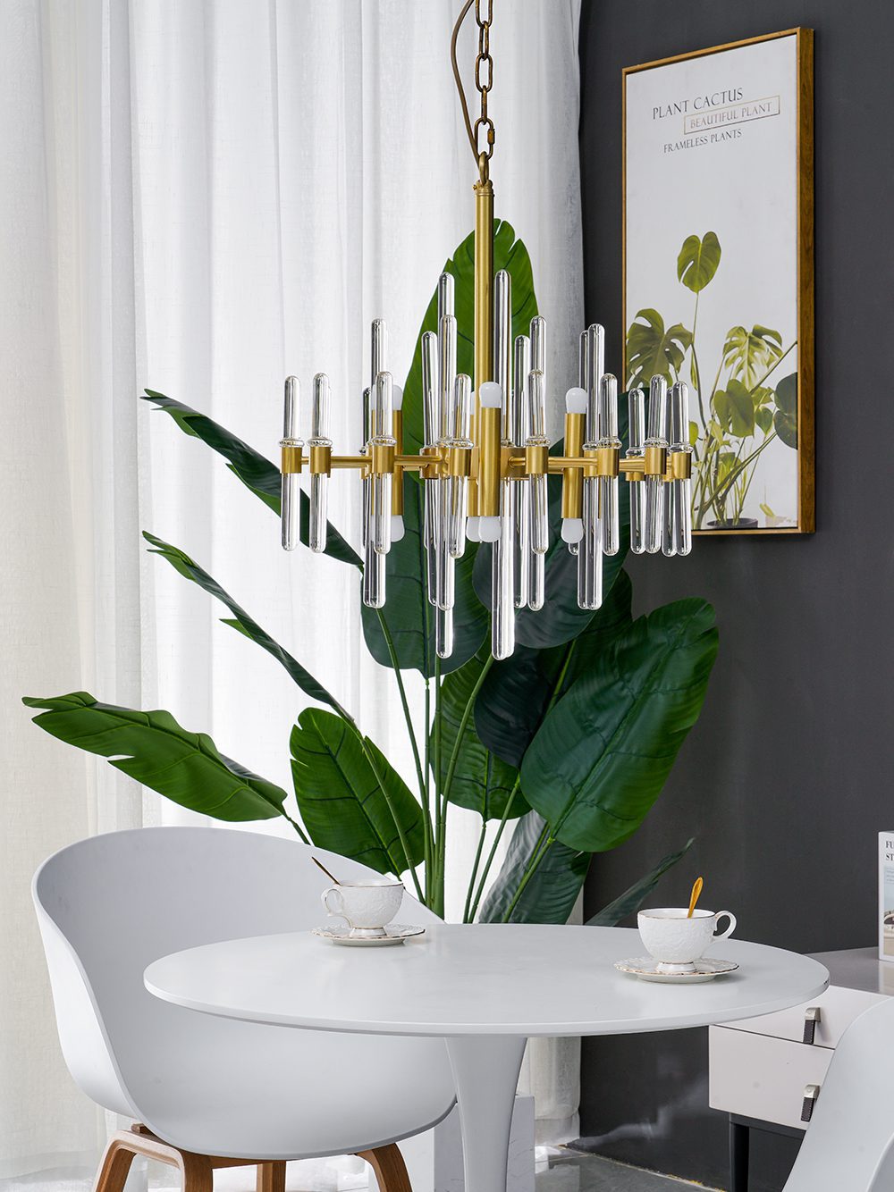 Brass Chandelier with Clear Glass Rods Shade