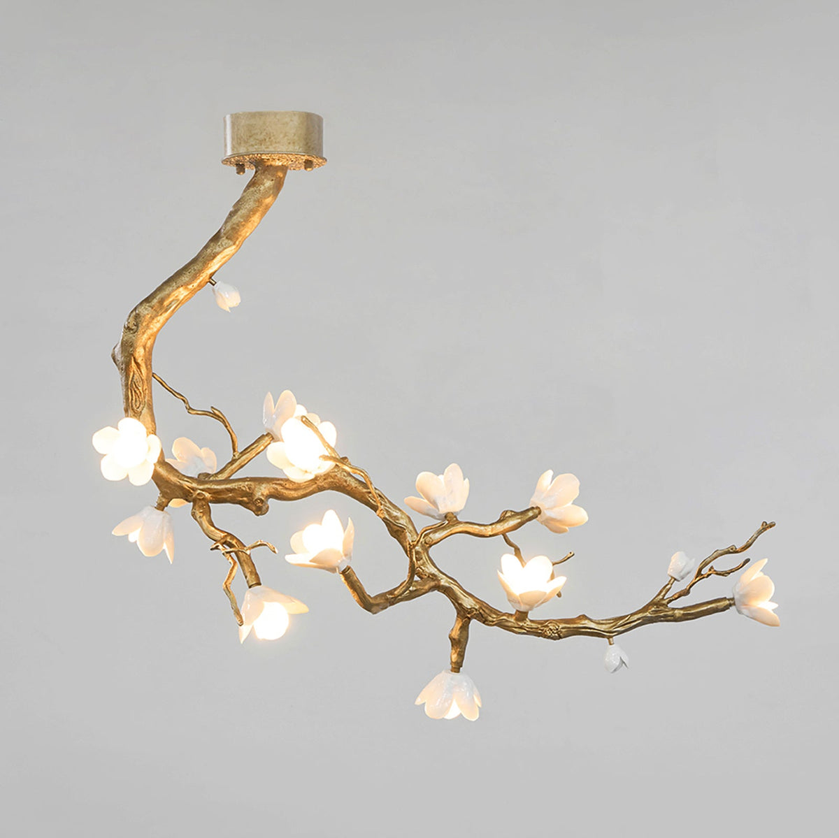 Brass Flower Branch Chandelier with Ceramic Shades for Dining Room and Living Room