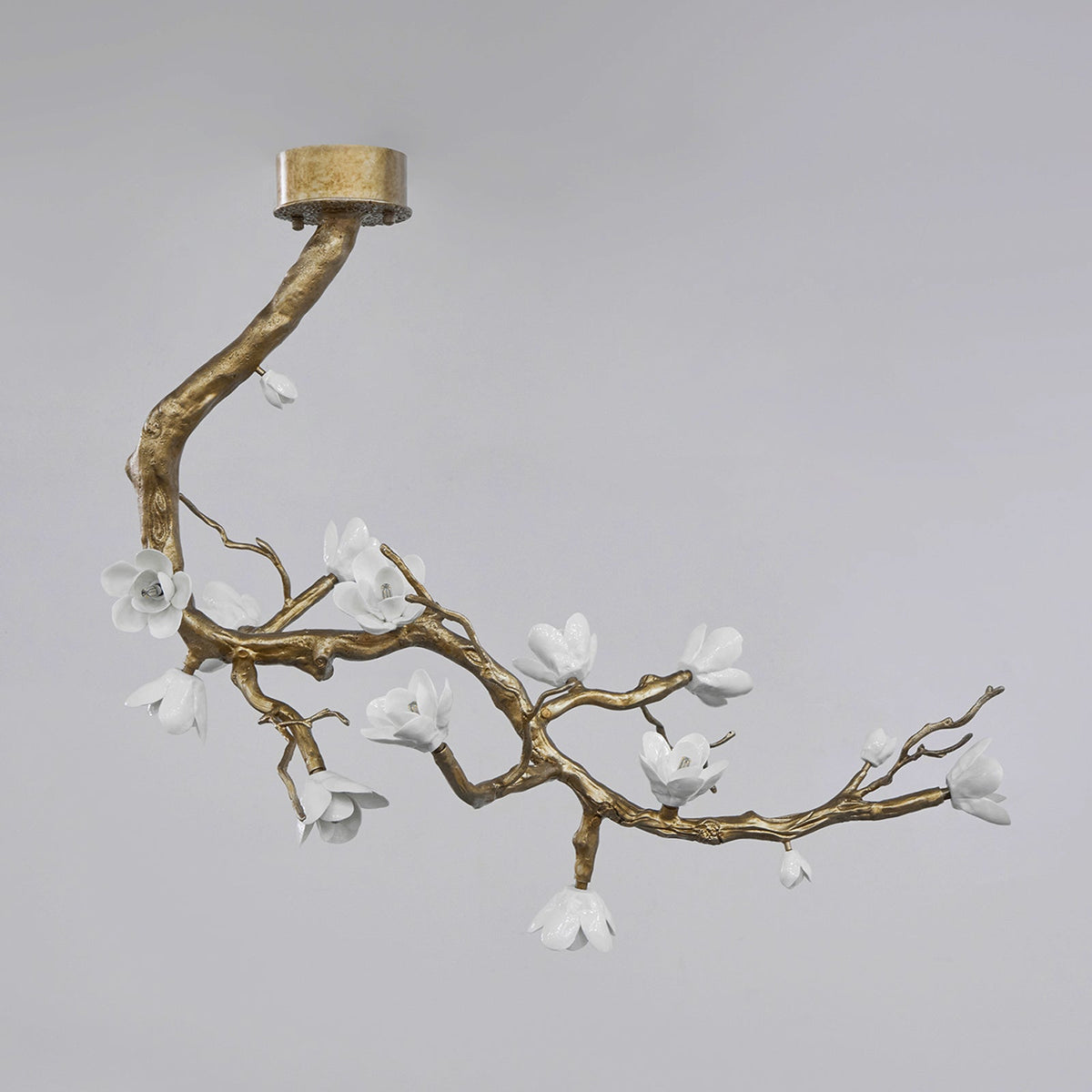 Brass Flower Branch Chandelier with Ceramic Shades for Dining Room and Living Room