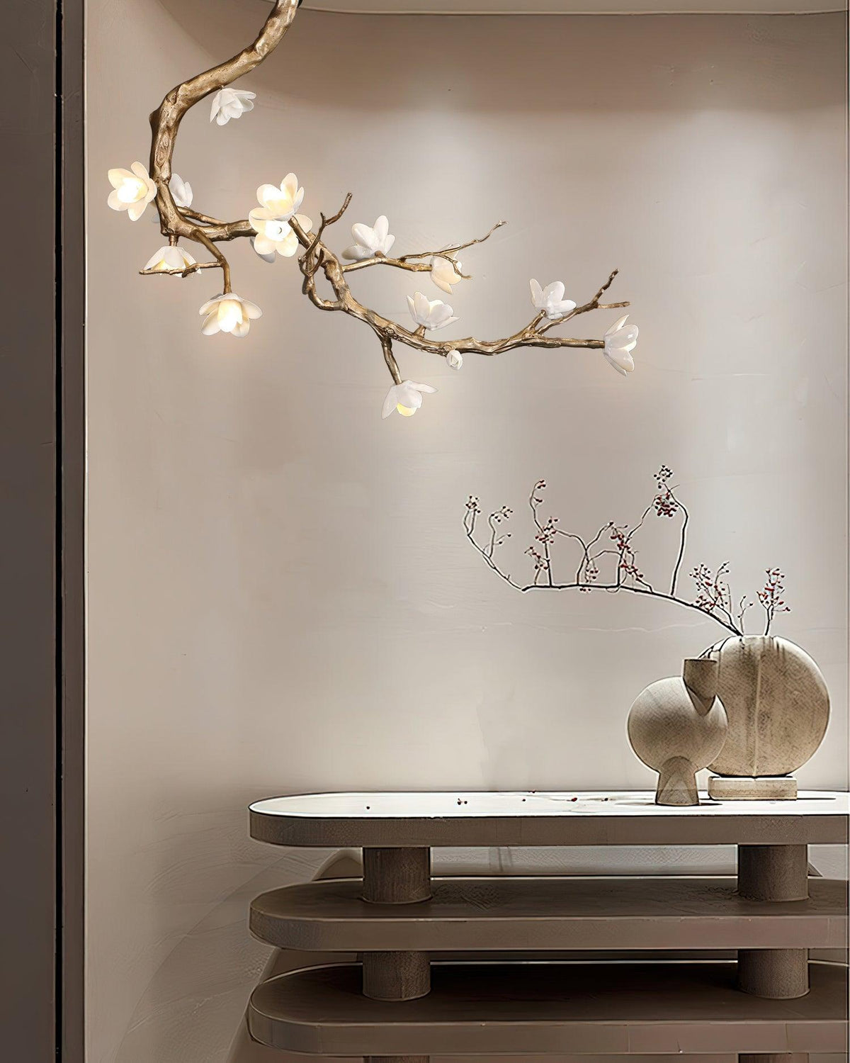 Brass Flower Branch Chandelier with Ceramic Shades for Dining Room and Living Room