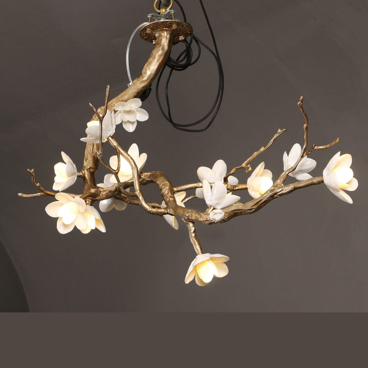 Brass Flower Branch Chandelier with Ceramic Shades for Dining Room and Living Room