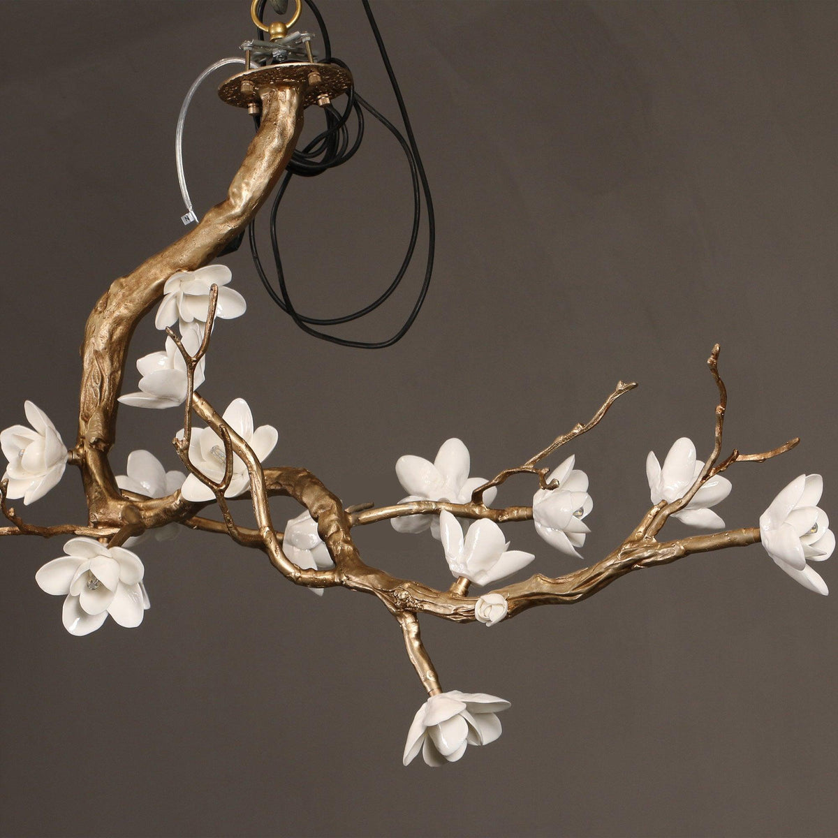 Brass Flower Branch Chandelier with Ceramic Shades for Dining Room and Living Room