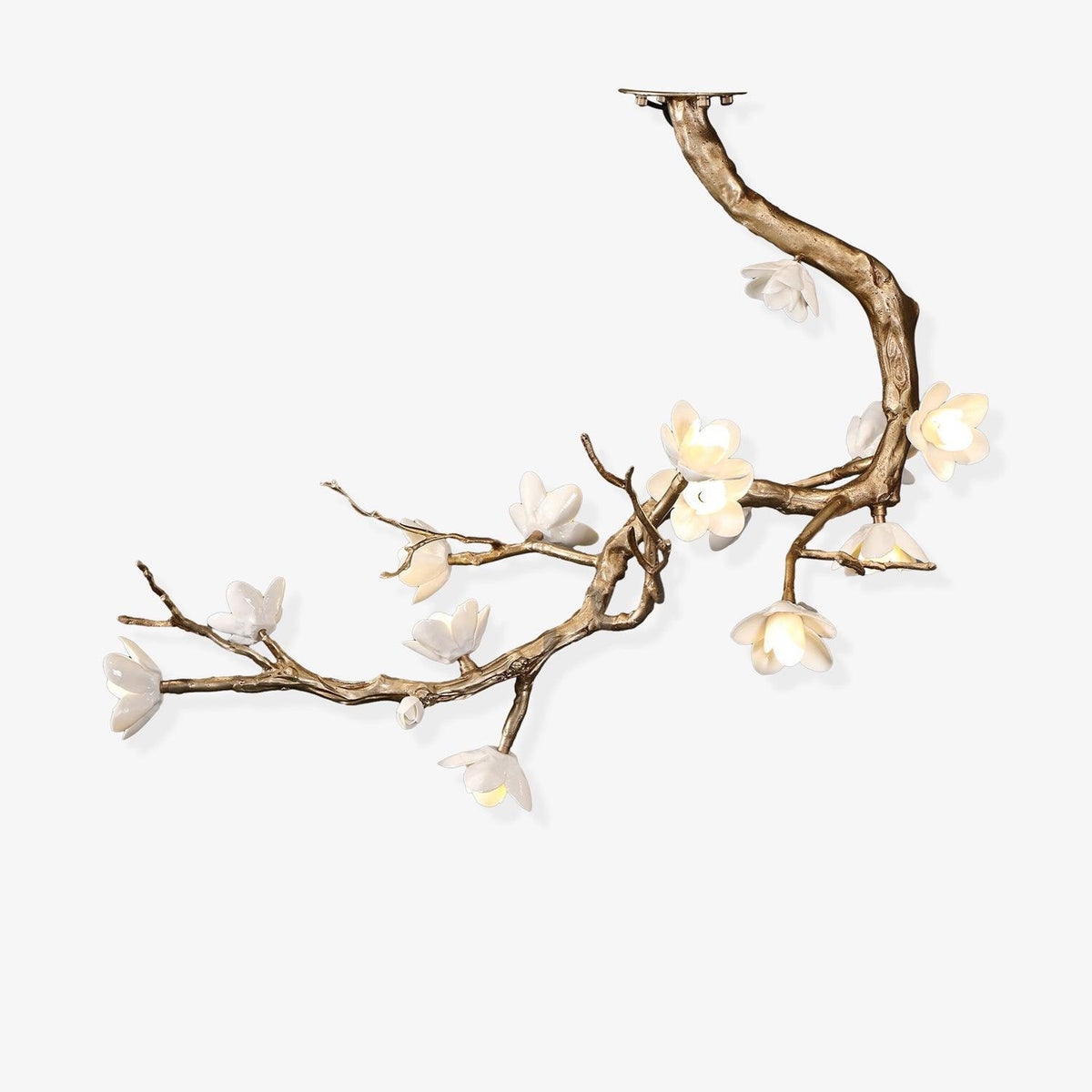 Brass Flower Branch Chandelier with Ceramic Shades for Dining Room and Living Room