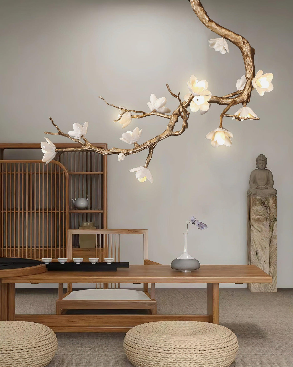 Brass Flower Branch Chandelier with Ceramic Shades for Dining Room and Living Room