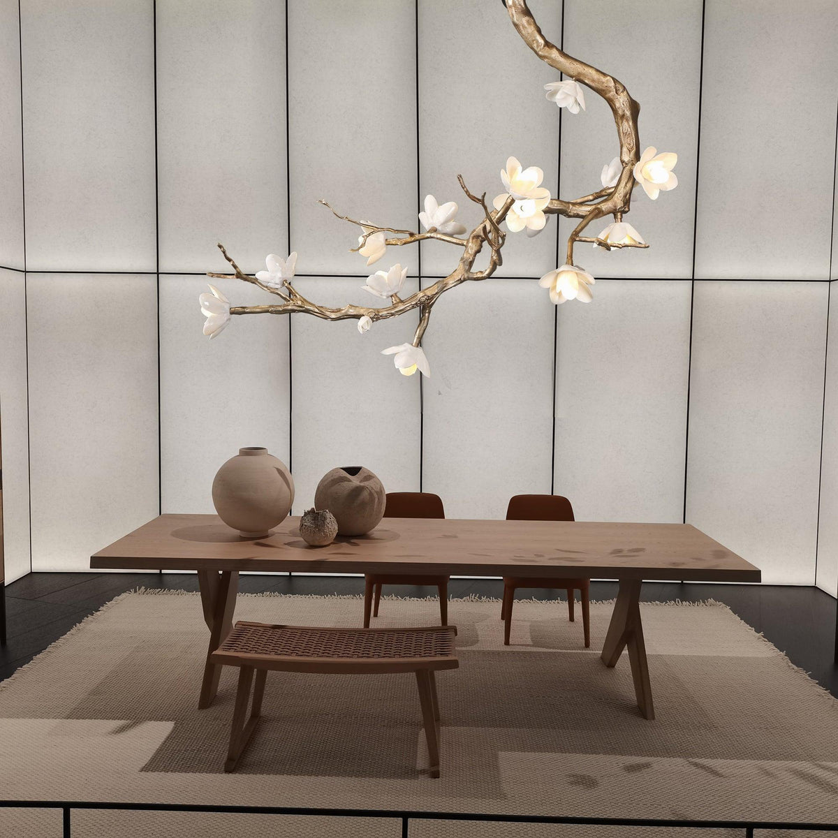 Brass Flower Branch Chandelier with Ceramic Shades for Dining Room and Living Room