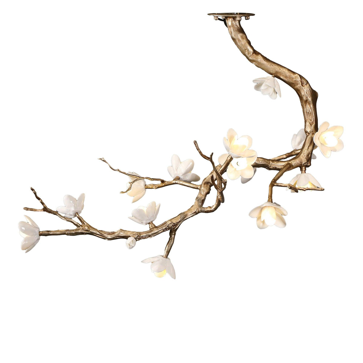 Brass Flower Branch Chandelier with Ceramic Shades for Dining Room and Living Room