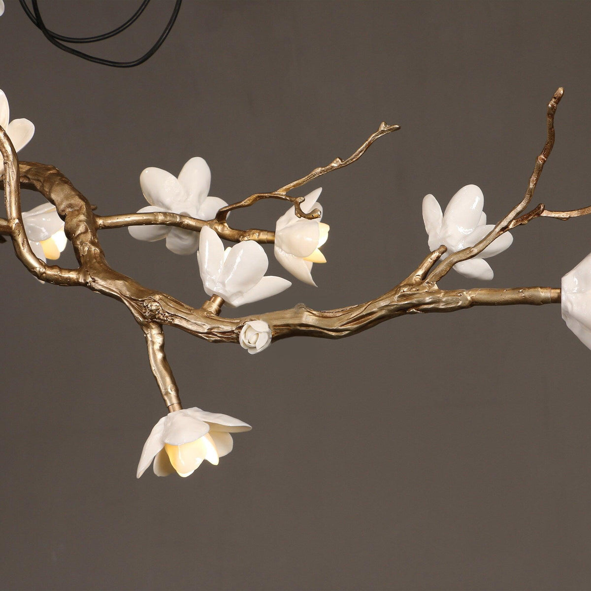 Brass Flower Branch Chandelier with Ceramic Shades for Dining Room and Living Room