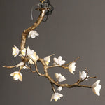 Brass Flower Branch Chandelier with Ceramic Shades for Dining Room and Living Room