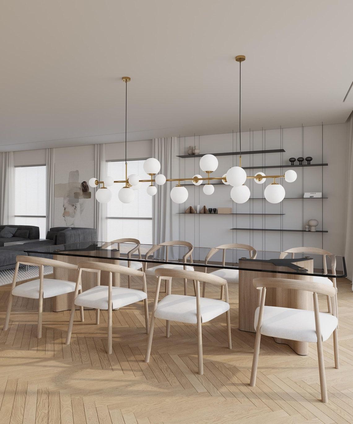 Brass and Glass Globe Chandelier – Modern Linear Pendant Light for Dining Room and Living Room