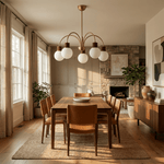 Bravelle Arc Chandelier – Modern Brass & Wood Pendant Light for Dining Room