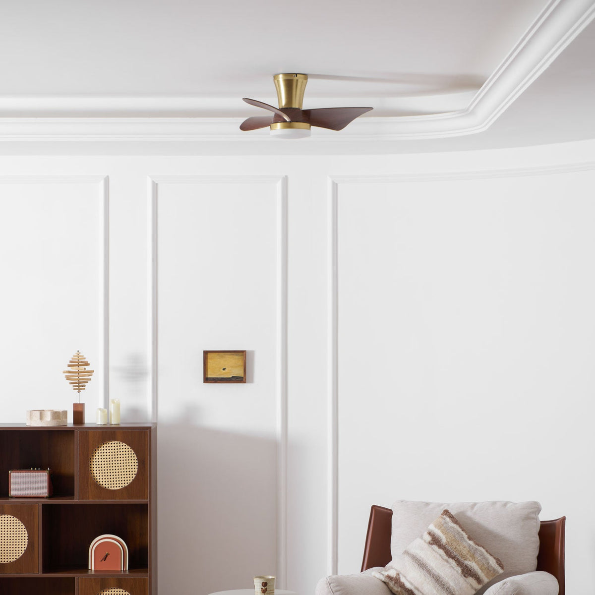 Breeze Lux Ceiling Fan Light with LED – Modern Brushed Gold & Walnut Finish